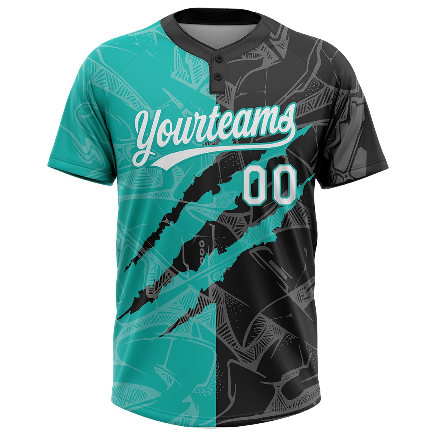 Custom Graffiti Pattern White Black-Aqua 3D Scratch Two-Button Unisex Softball Jersey Limited