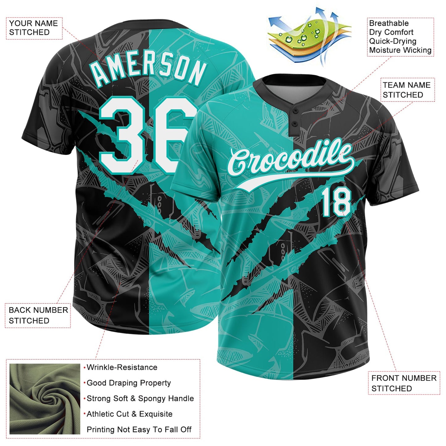 Custom Graffiti Pattern White Black-Aqua 3D Scratch Two-Button Unisex Softball Jersey Limited