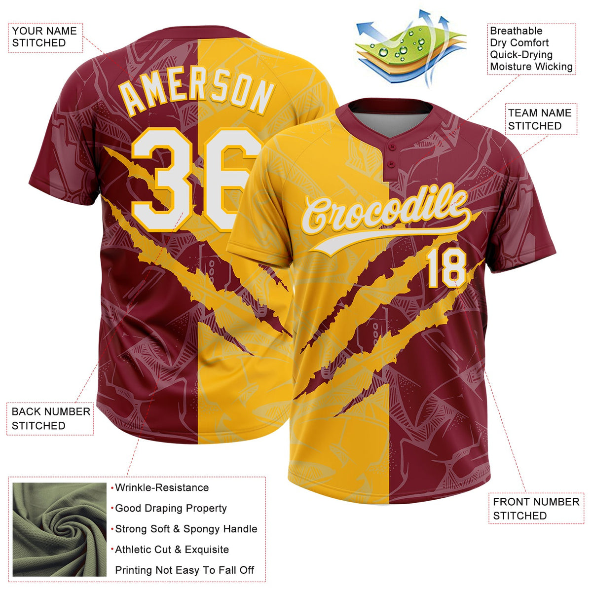 Custom Graffiti Pattern White Crimson-Gold 3D Scratch Two-Button Unisex Softball Jersey Limited