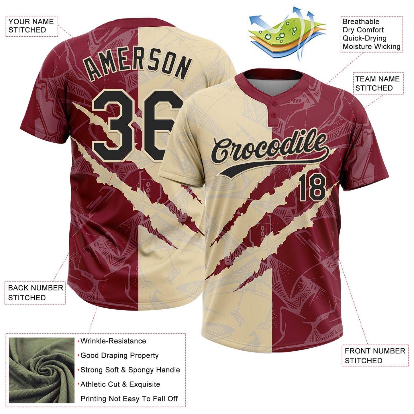 Custom Graffiti Pattern Black Crimson-Cream 3D Scratch Two-Button Unisex Softball Jersey Limited