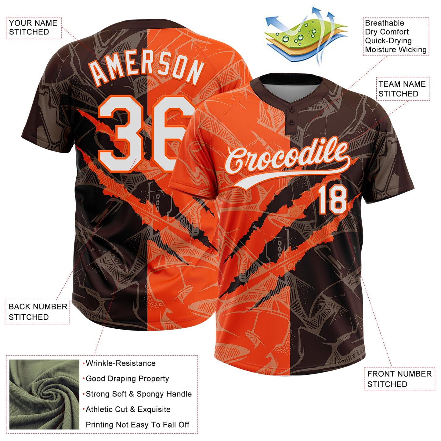 Custom Graffiti Pattern White Brown-Orange 3D Scratch Two-Button Unisex Softball Jersey Limited