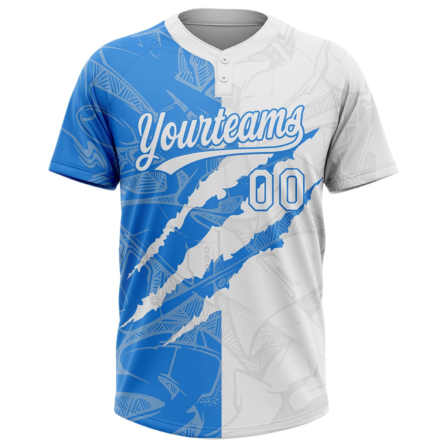 Custom Graffiti Pattern White-Electric Blue 3D Scratch Two-Button Unisex Softball Jersey Limited