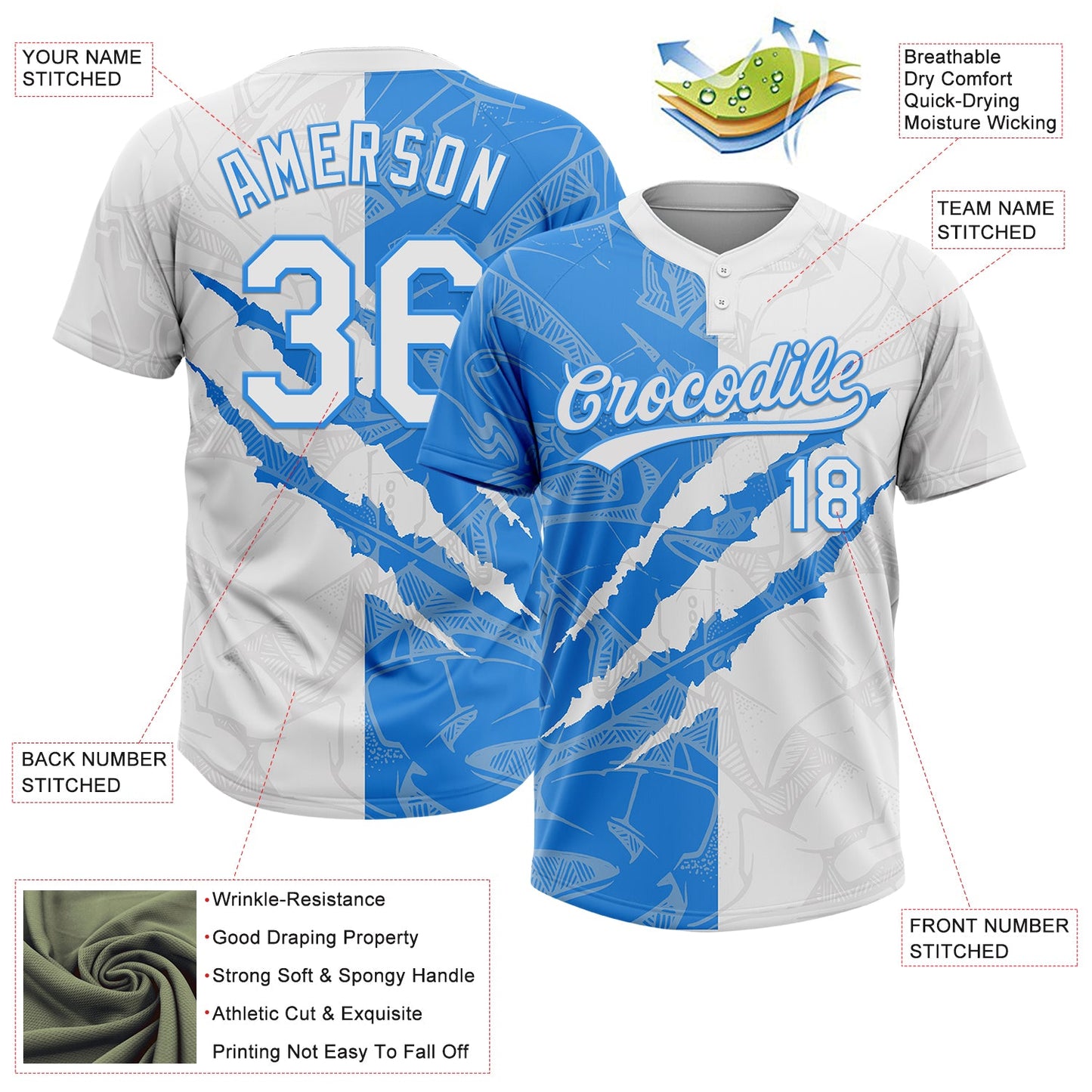 Custom Graffiti Pattern White-Electric Blue 3D Scratch Two-Button Unisex Softball Jersey Limited