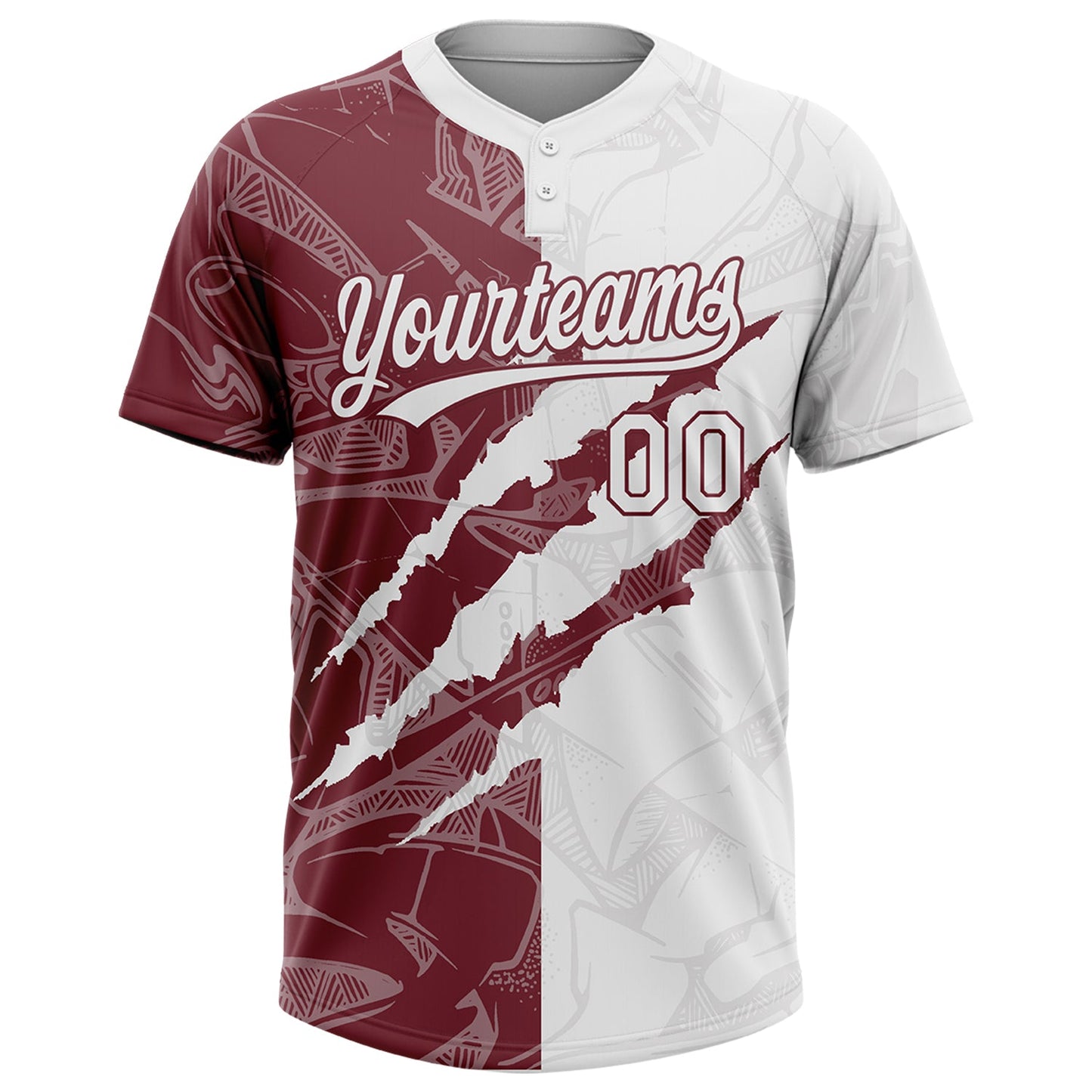 Custom Graffiti Pattern White-Burgundy 3D Scratch Two-Button Unisex Softball Jersey Limited