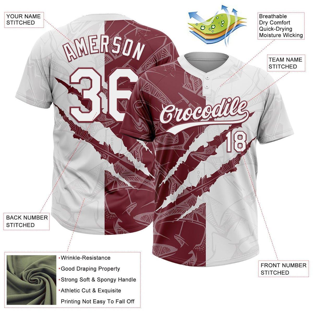 Custom Graffiti Pattern White-Burgundy 3D Scratch Two-Button Unisex Softball Jersey Limited