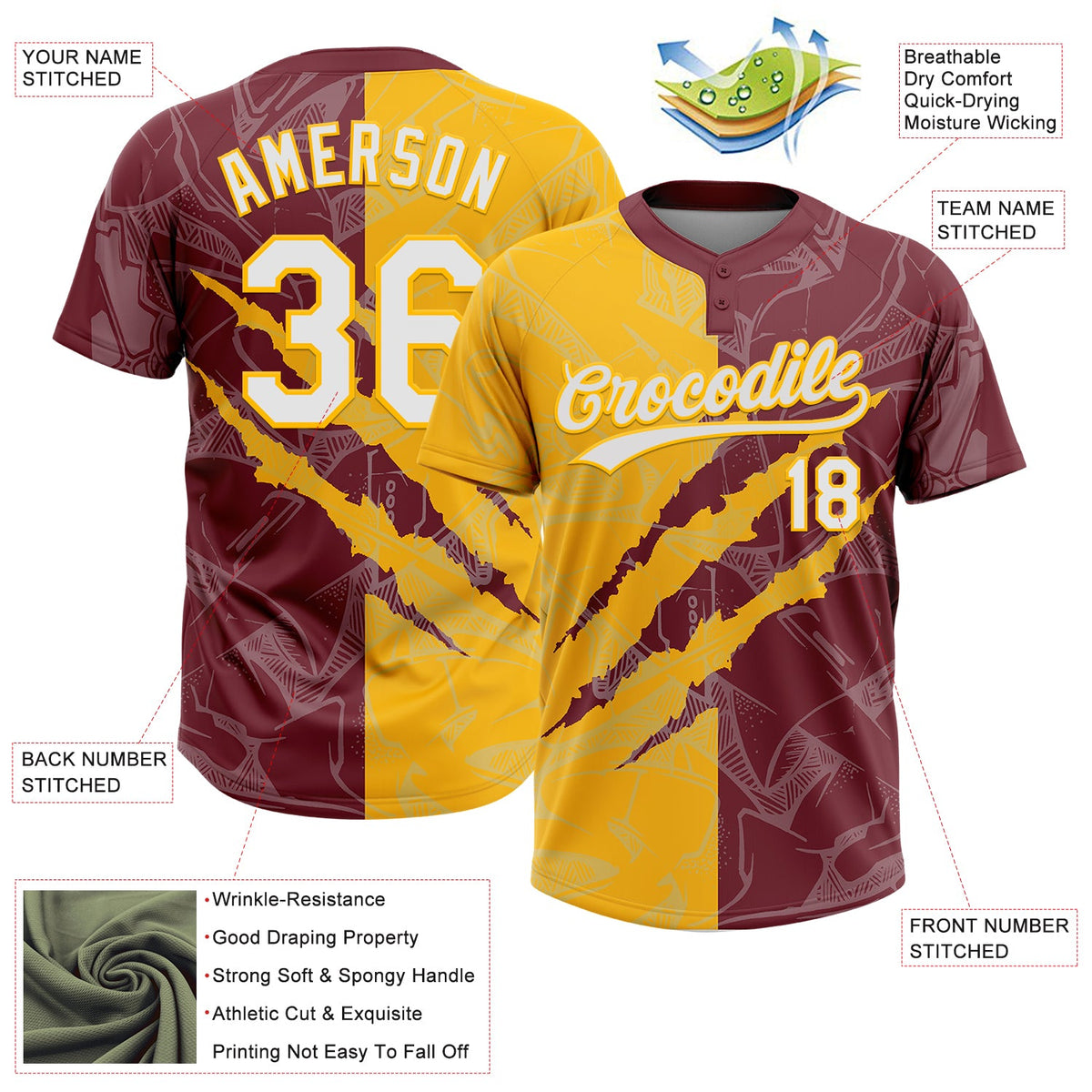 Custom Graffiti Pattern White Burgundy-Gold 3D Scratch Two-Button Unisex Softball Jersey Limited