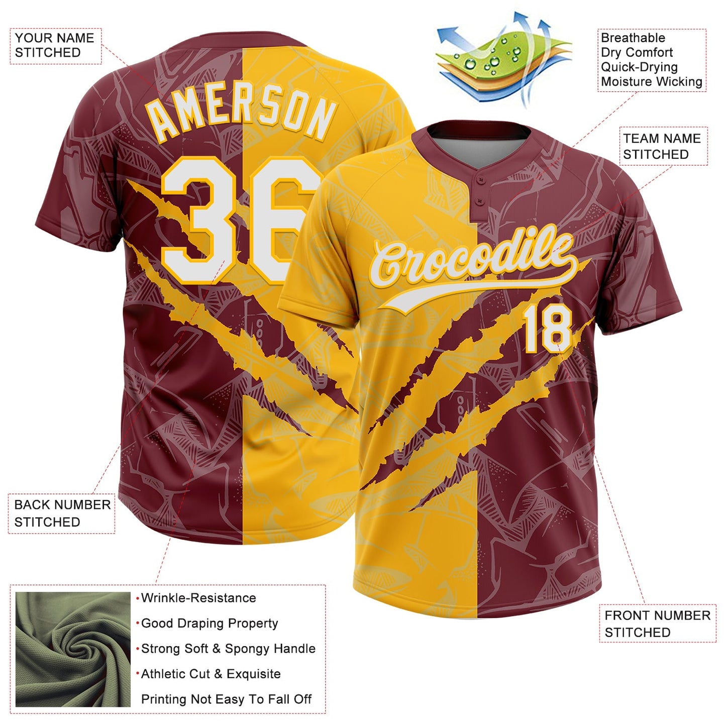 Custom Graffiti Pattern White Burgundy-Gold 3D Scratch Two-Button Unisex Softball Jersey Limited