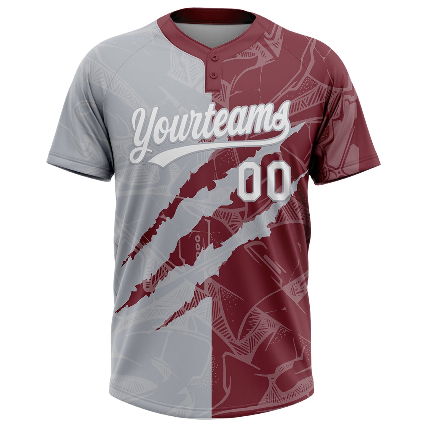 Custom Graffiti Pattern White Burgundy-Gray 3D Scratch Two-Button Unisex Softball Jersey Limited