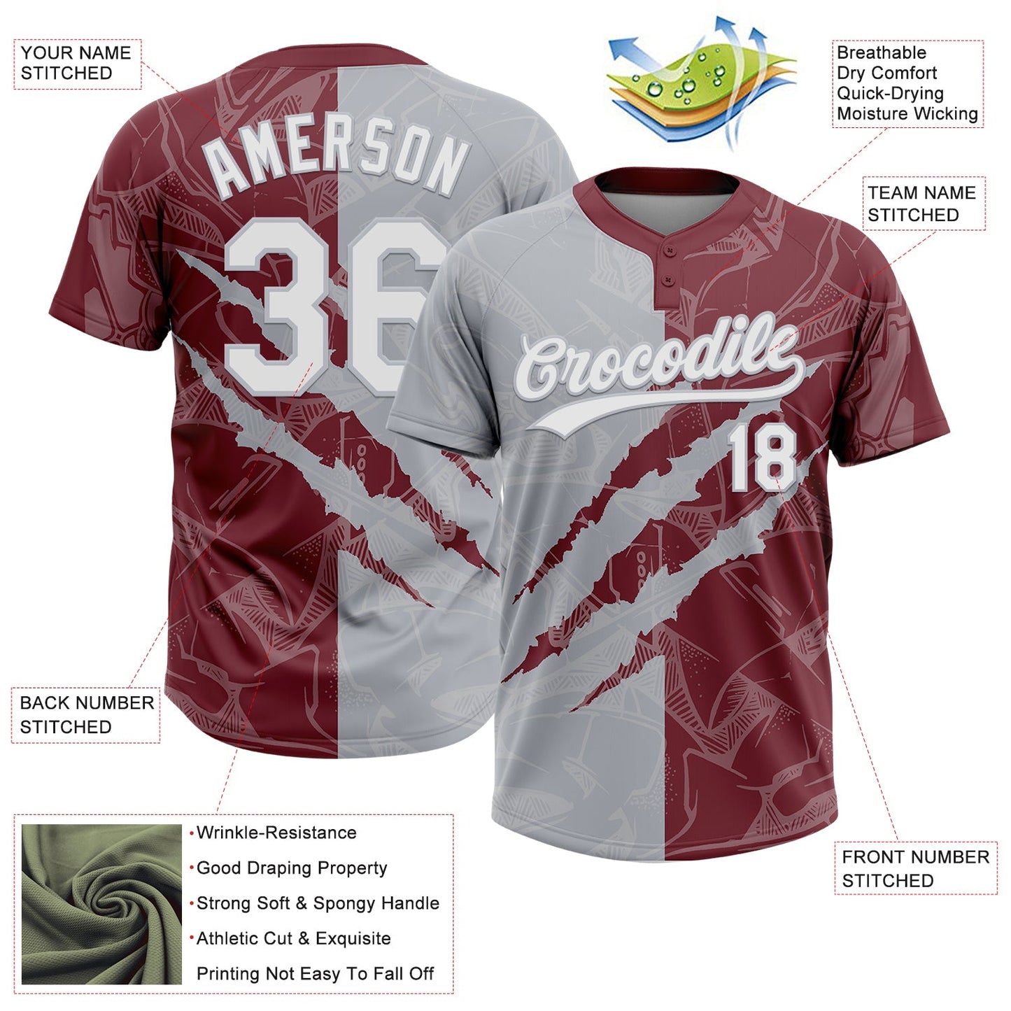 Custom Graffiti Pattern White Burgundy-Gray 3D Scratch Two-Button Unisex Softball Jersey Limited