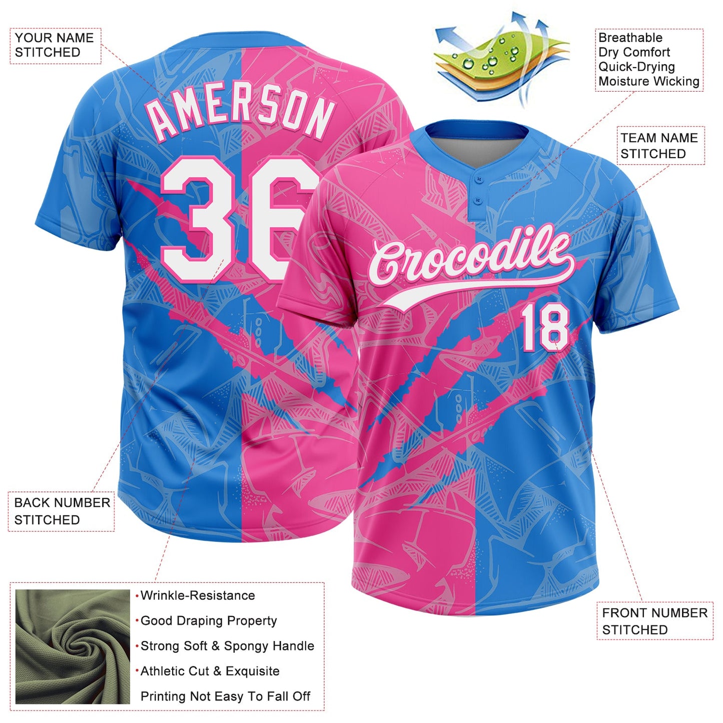 Custom Graffiti Pattern White Electric Blue-Pink 3D Scratch Two-Button Unisex Softball Jersey Limited
