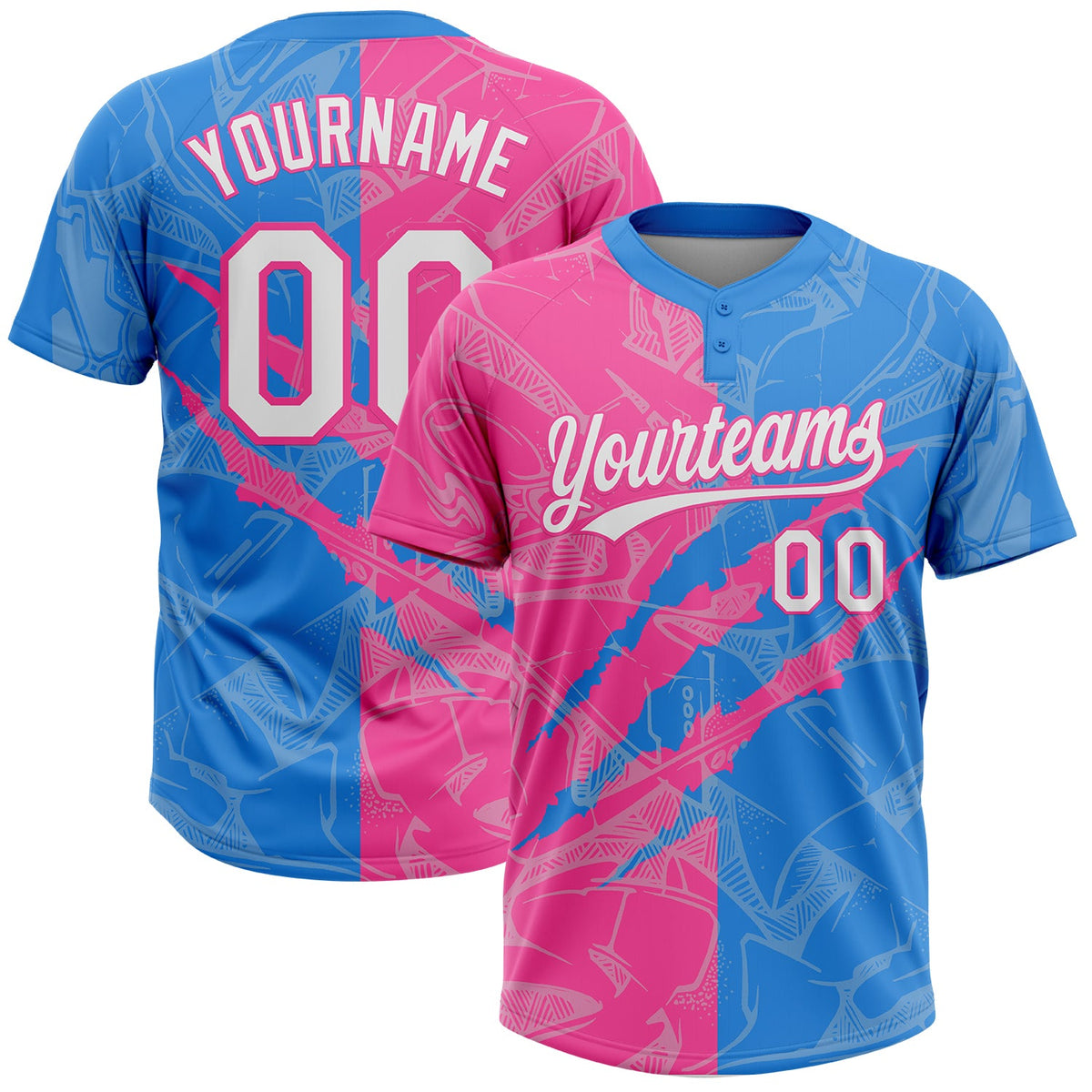 Custom Graffiti Pattern White Electric Blue-Pink 3D Scratch Two-Button Unisex Softball Jersey