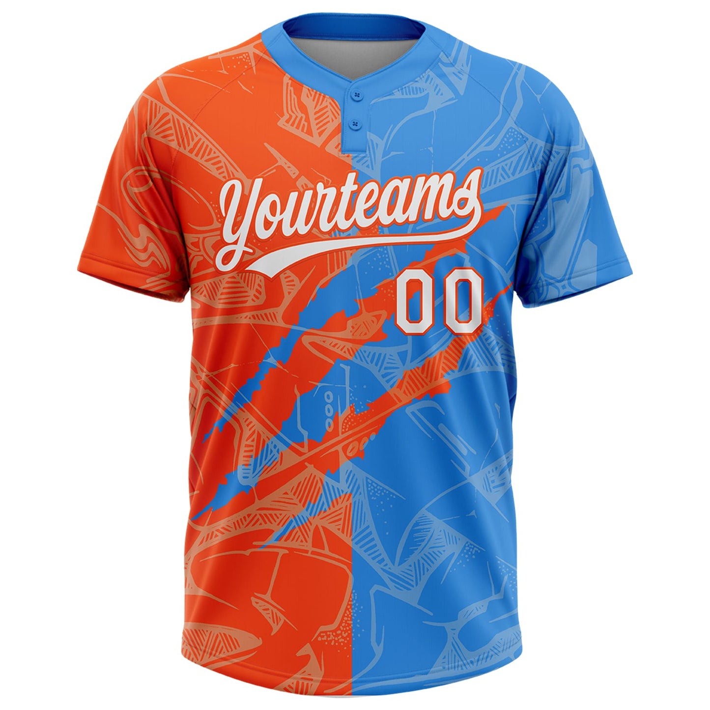 Custom Graffiti Pattern White Electric Blue-Orange 3D Scratch Two-Button Unisex Softball Jersey Limited