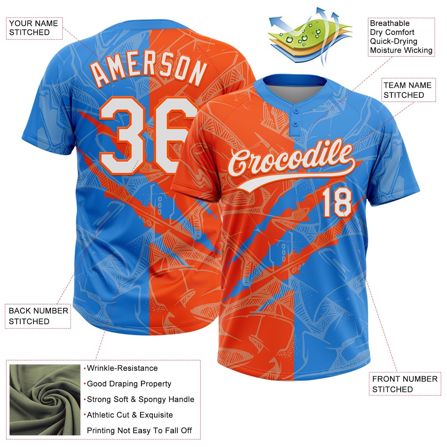 Custom Graffiti Pattern White Electric Blue-Orange 3D Scratch Two-Button Unisex Softball Jersey Limited