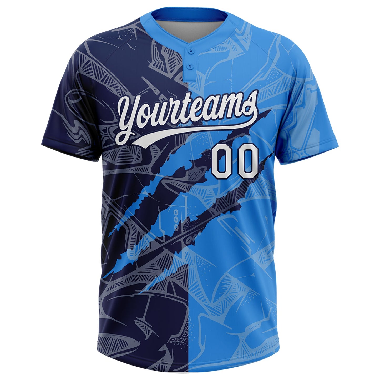 Custom Graffiti Pattern White Electric Blue-Navy 3D Scratch Two-Button Unisex Softball Jersey Limited