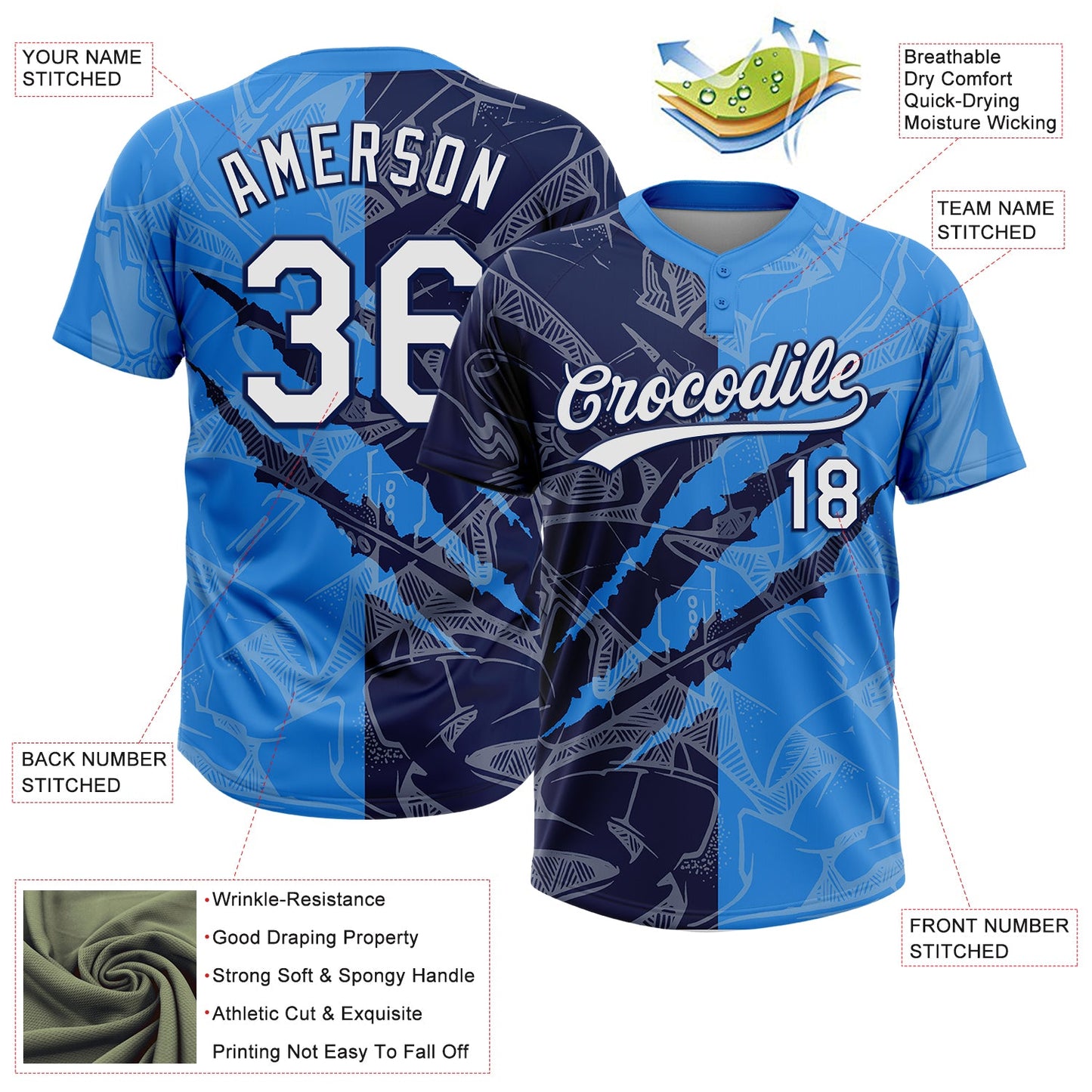 Custom Graffiti Pattern White Electric Blue-Navy 3D Scratch Two-Button Unisex Softball Jersey Limited