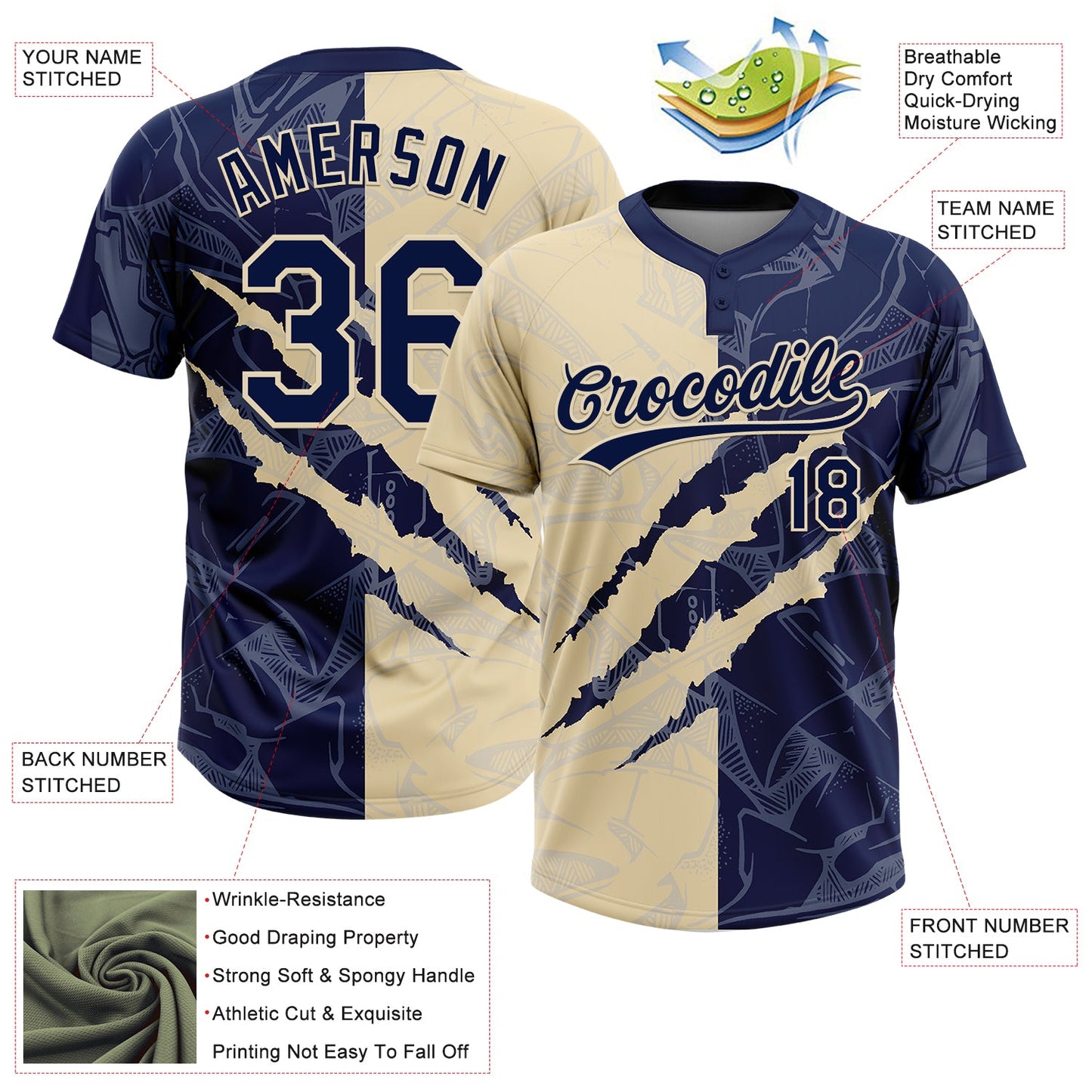Custom Graffiti Pattern Navy-Cream 3D Scratch Two-Button Unisex Softball Jersey Limited