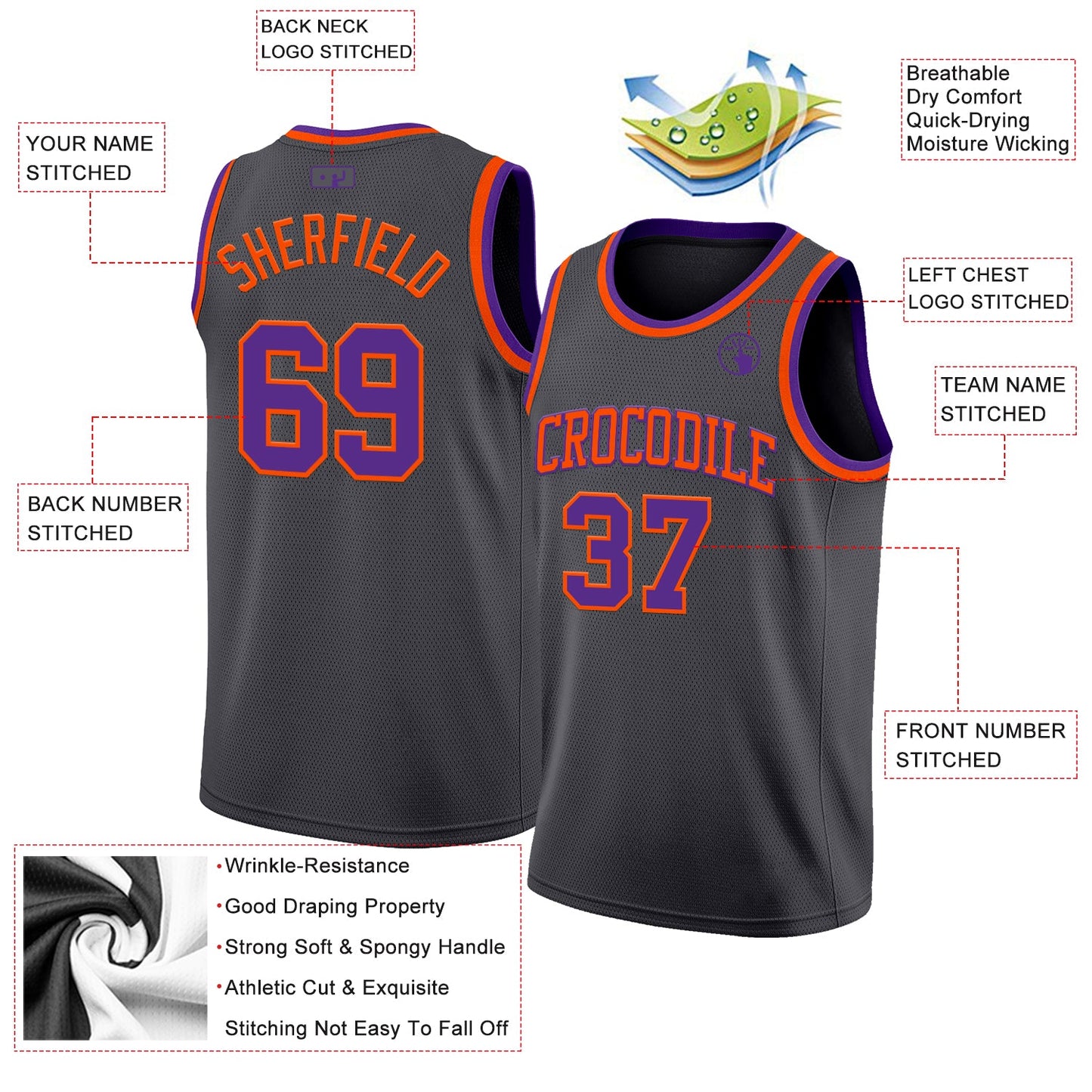 Custom Steel Gray Purple-Orange Authentic Basketball Jersey Limited