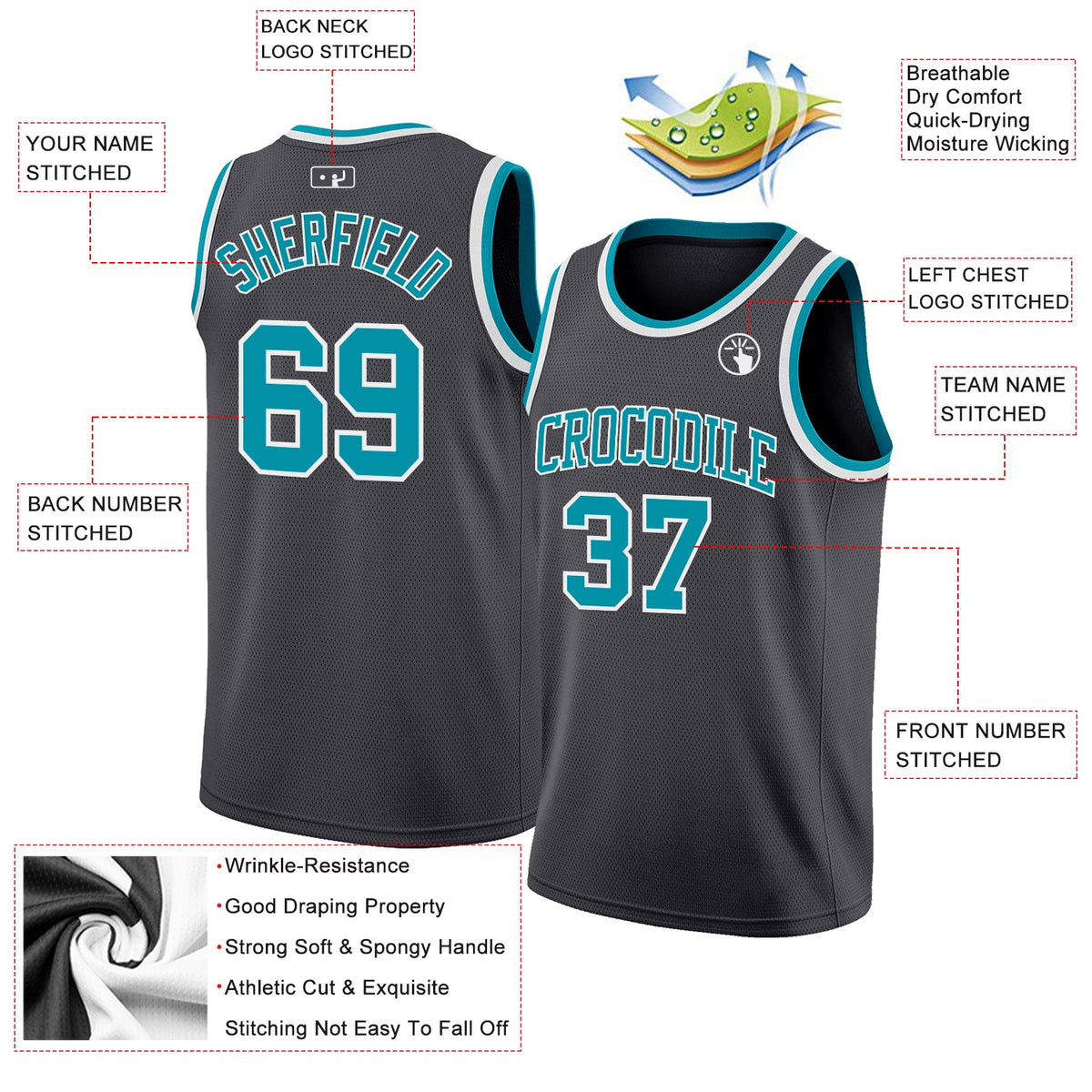 Custom Steel Gray Teal-White Authentic Basketball Jersey Limited