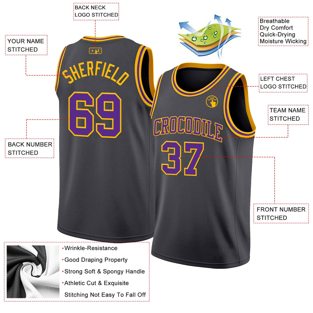 Custom Steel Gray Purple-Gold Authentic Basketball Jersey Limited