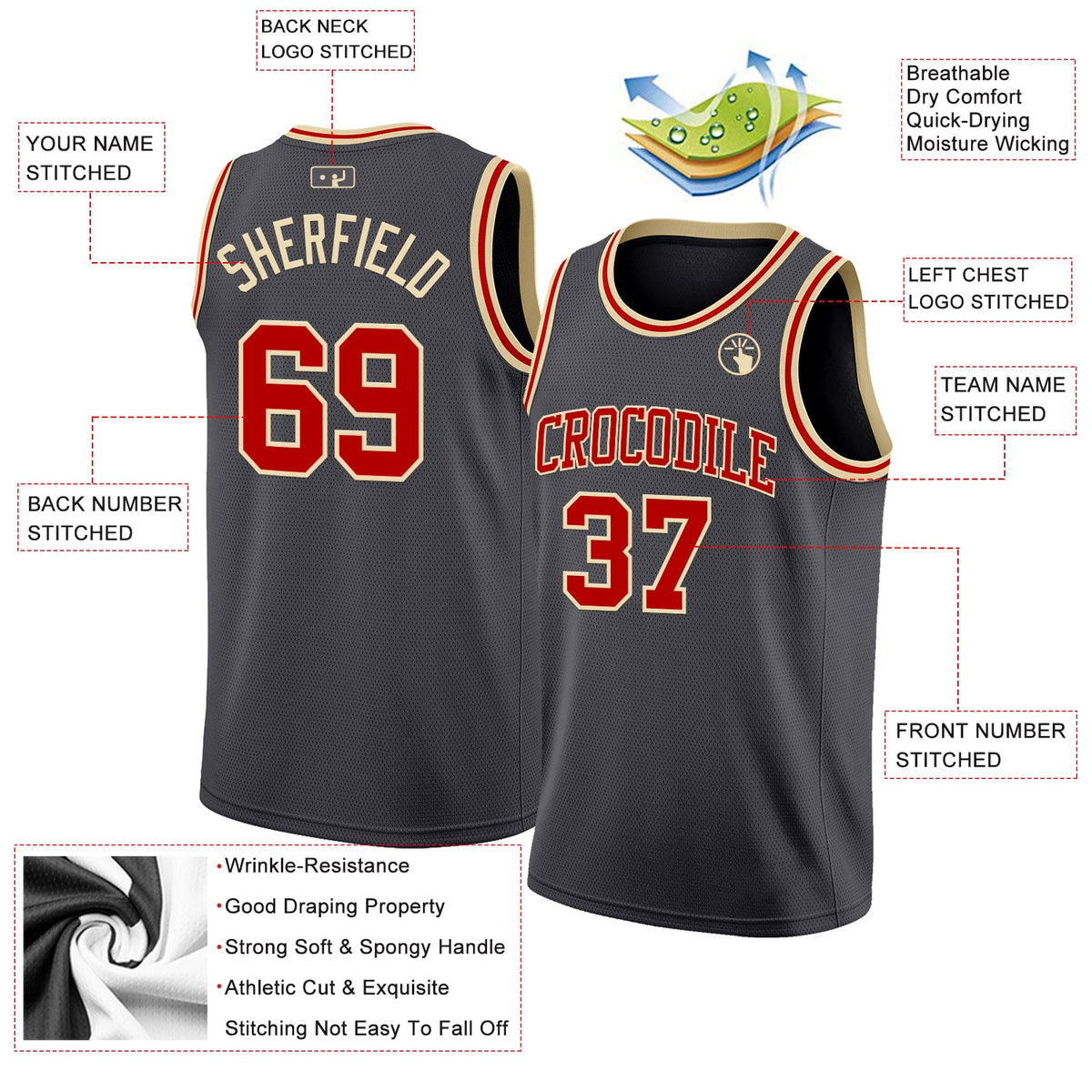 Custom Steel Gray Red-Cream Authentic Basketball Jersey Limited