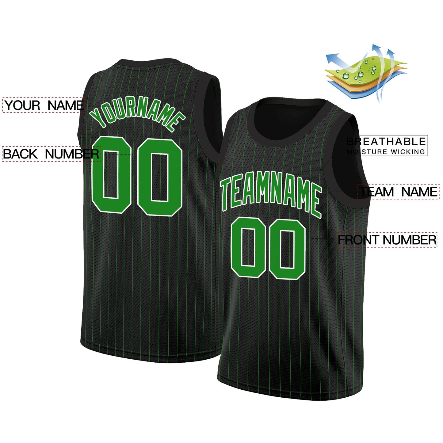 Custom Black Green-White Stripe Fashion Tops Breathable Basketball Jersey Limited