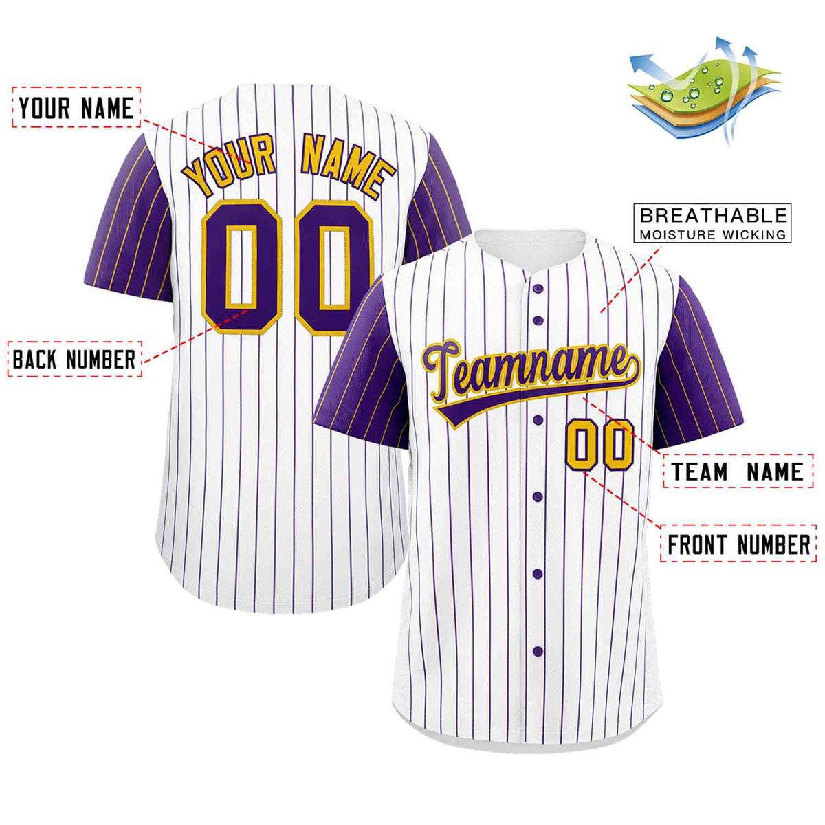 Custom White Purple-Gold Stripe Fashion Raglan Sleeves Authentic Baseball Jersey Limited