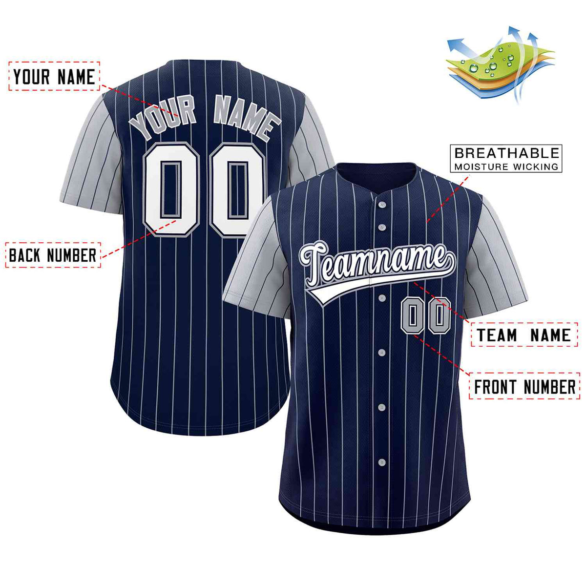 Custom Navy White-Gray Stripe Fashion Raglan Sleeves Authentic Baseball Jersey Limited