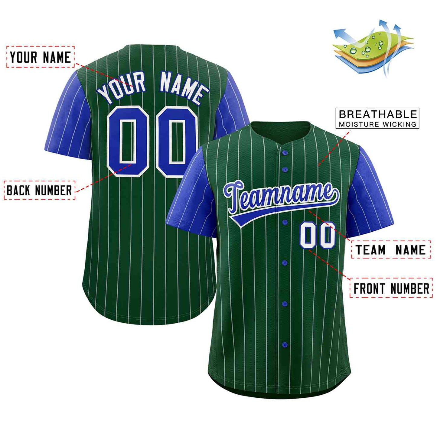 Custom Green Royal-White Stripe Fashion Raglan Sleeves Authentic Baseball Jersey Limited