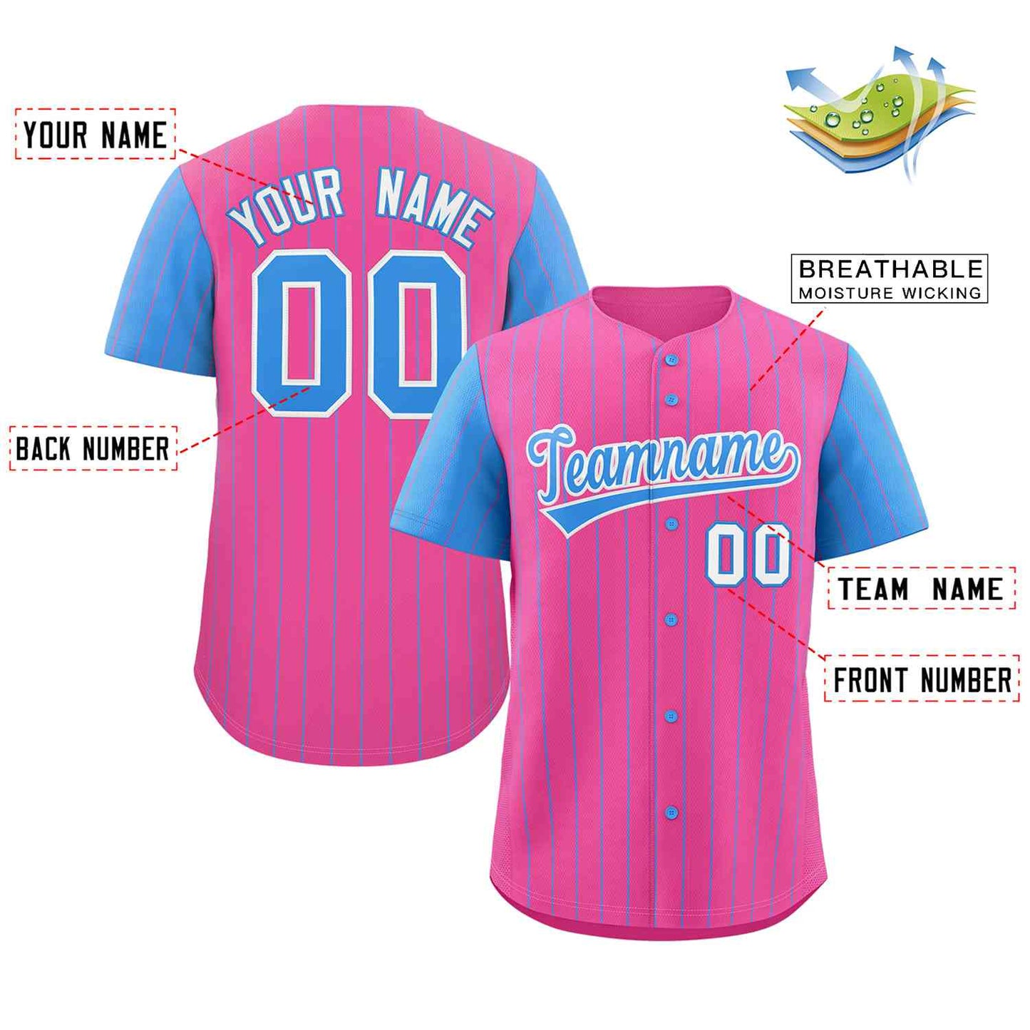 Custom Pink Powder Blue-White Stripe Fashion Raglan Sleeves Authentic Baseball Jersey Limited