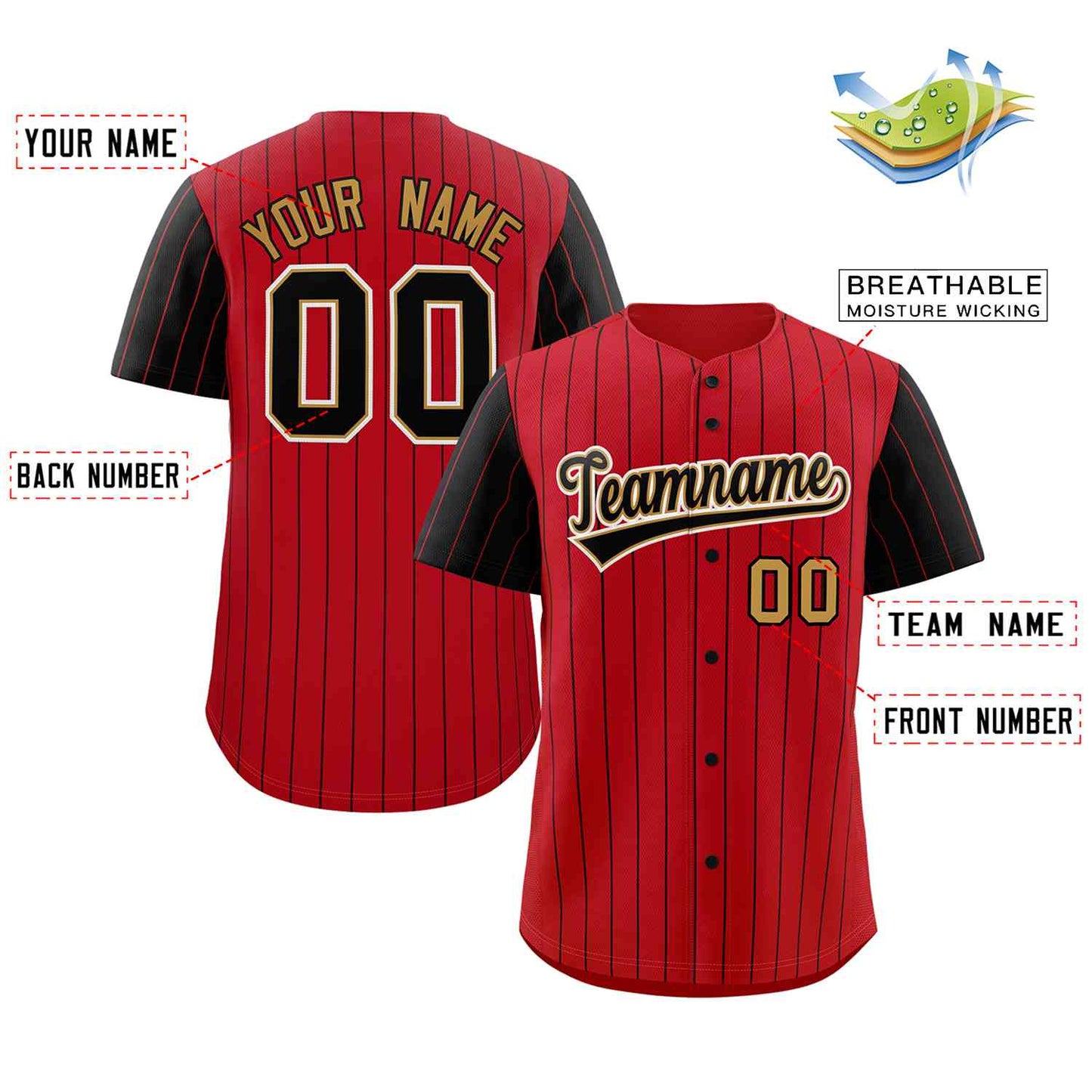Custom Red Black-Old Gold Stripe Fashion Raglan Sleeves Authentic Baseball Jersey Limited
