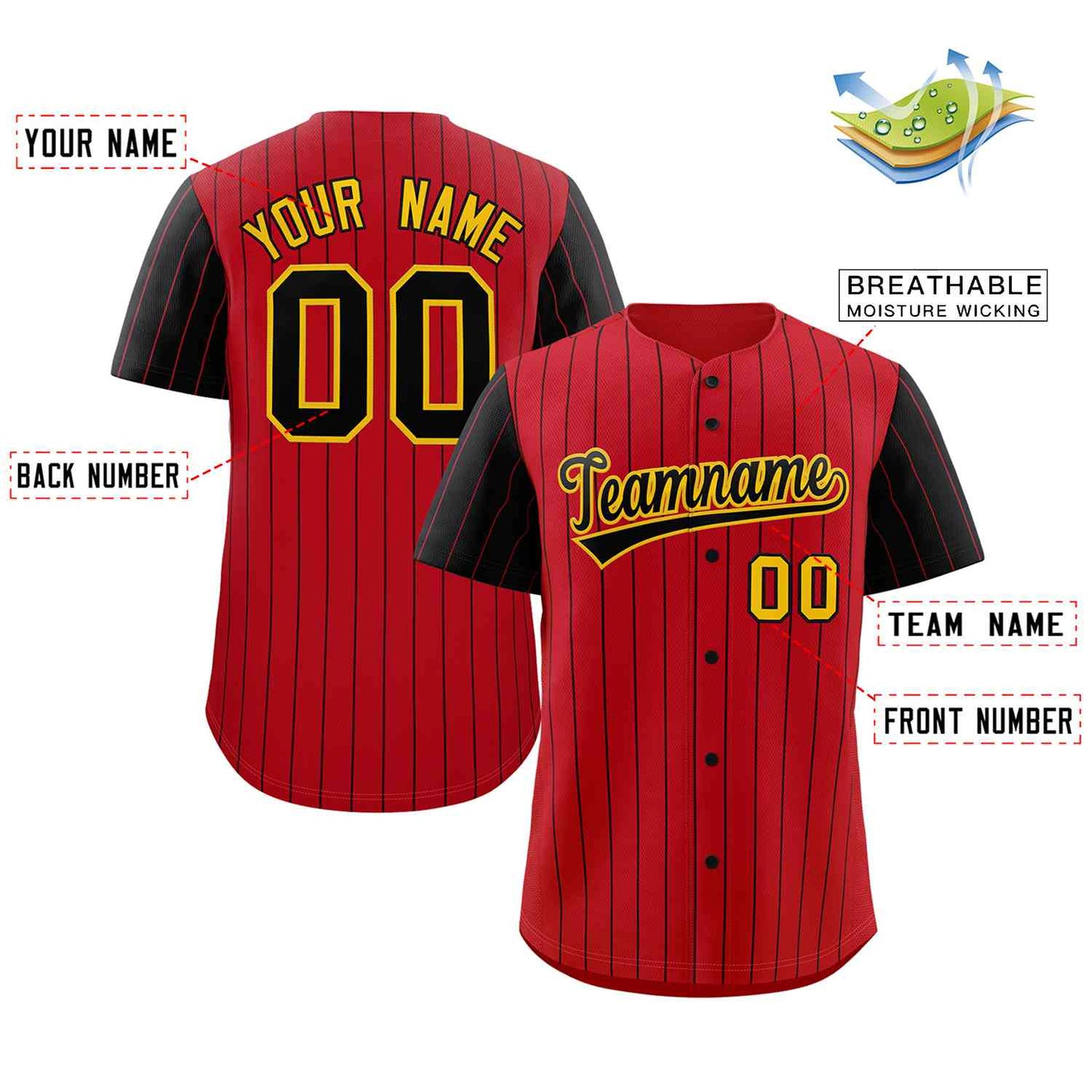Custom Red Black-Gold Stripe Fashion Raglan Sleeves Authentic Baseball Jersey Limited