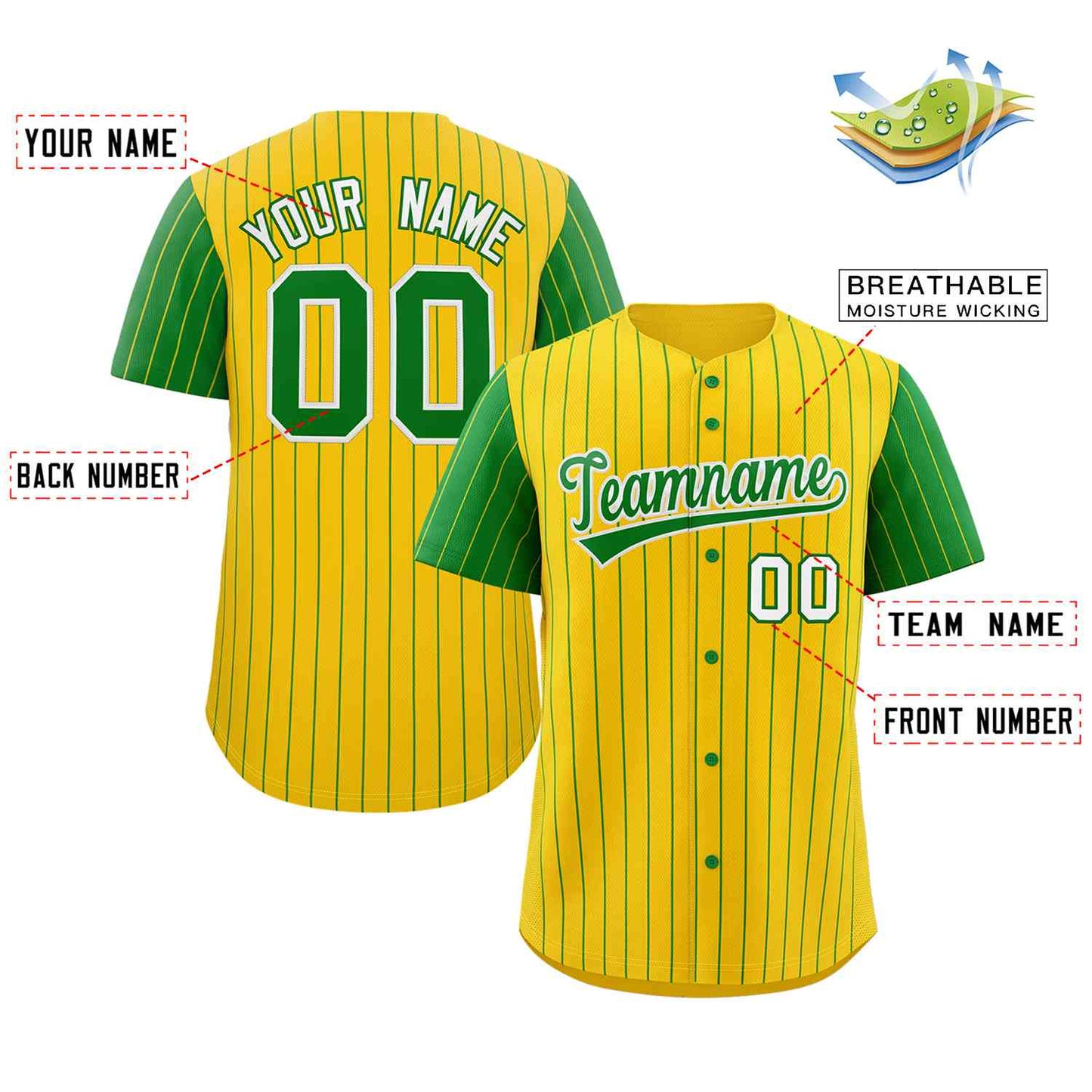 Custom Gold Kelly Green-White Stripe Fashion Raglan Sleeves Authentic Baseball Jersey Limited