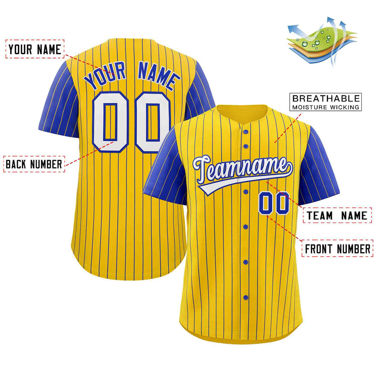 Custom Gold White-Royal Stripe Fashion Raglan Sleeves Authentic Baseball Jersey Limited