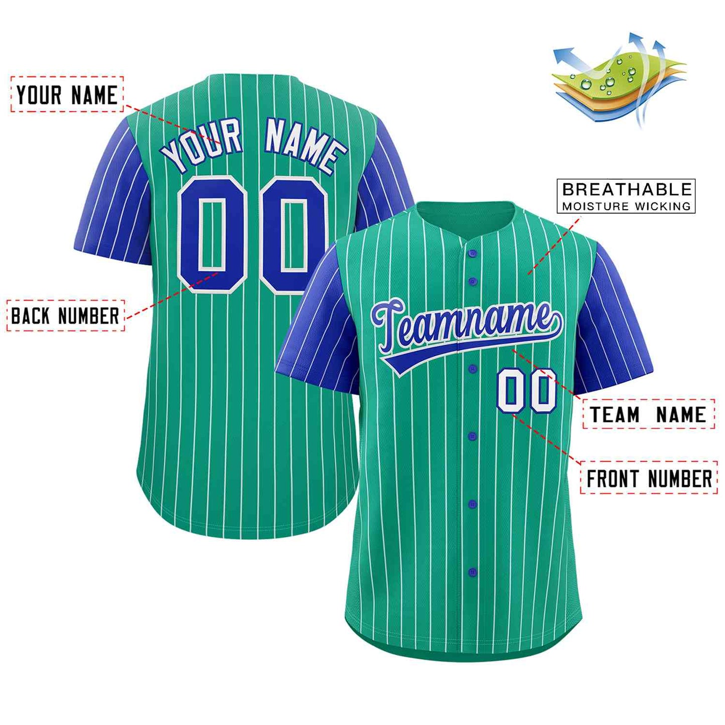 Custom Teal Royal-White Stripe Fashion Raglan Sleeves Authentic Baseball Jersey Limited