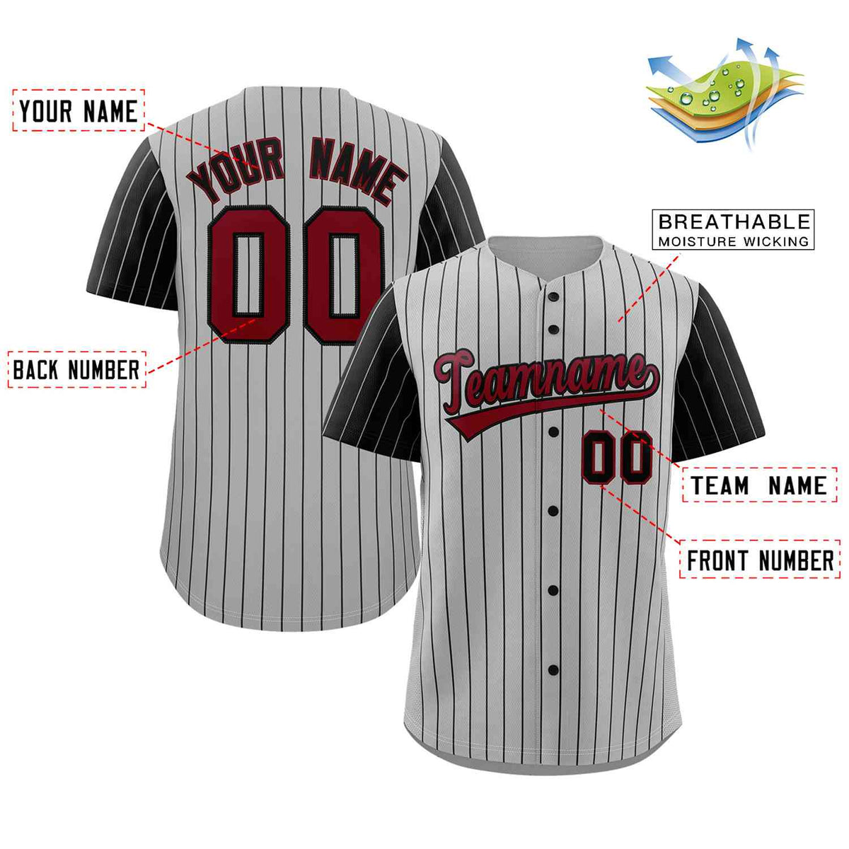 Custom Gray Crimson-Black Stripe Fashion Raglan Sleeves Authentic Baseball Jersey Limited
