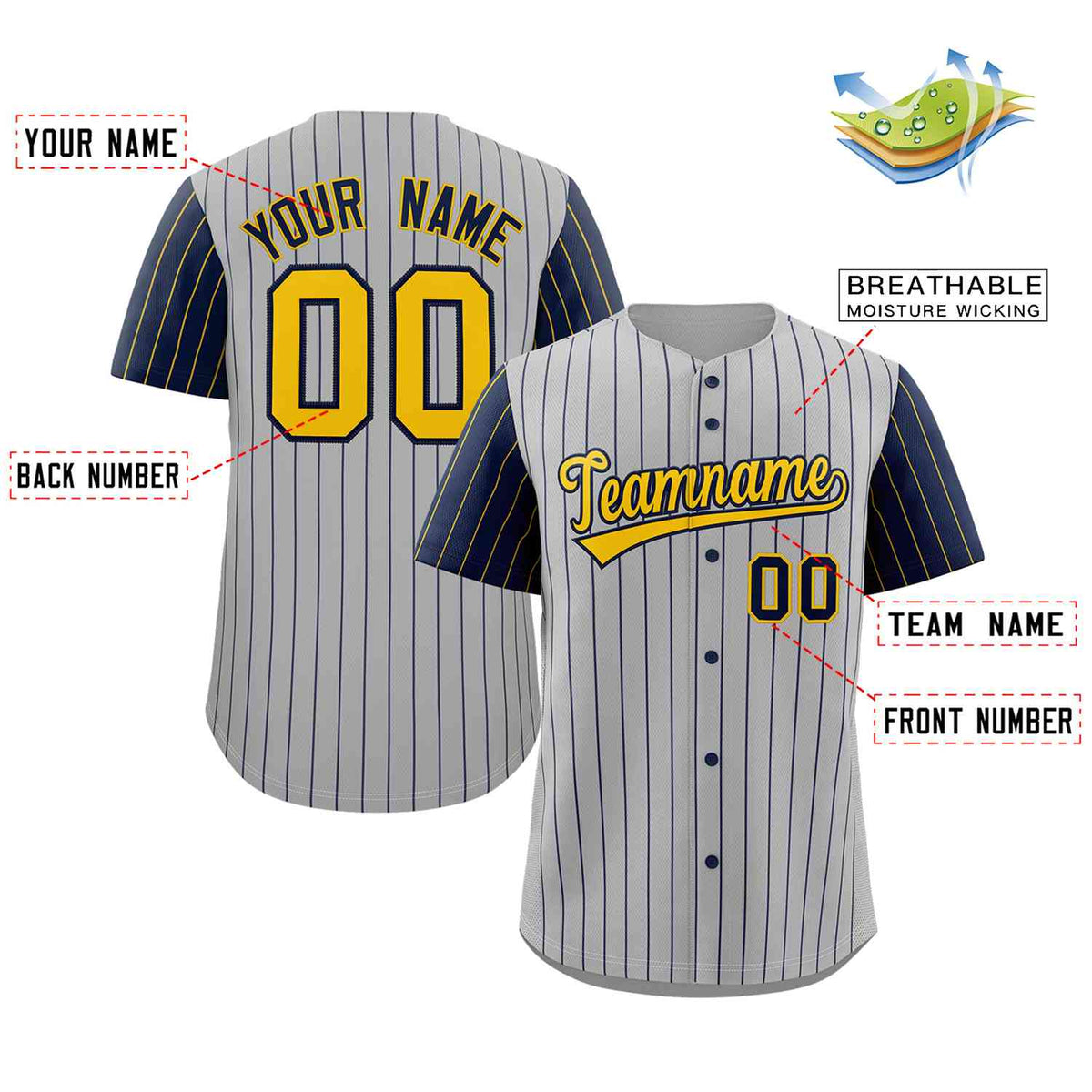 Custom Gray Gold-Navy Stripe Fashion Raglan Sleeves Authentic Baseball Jersey Limited
