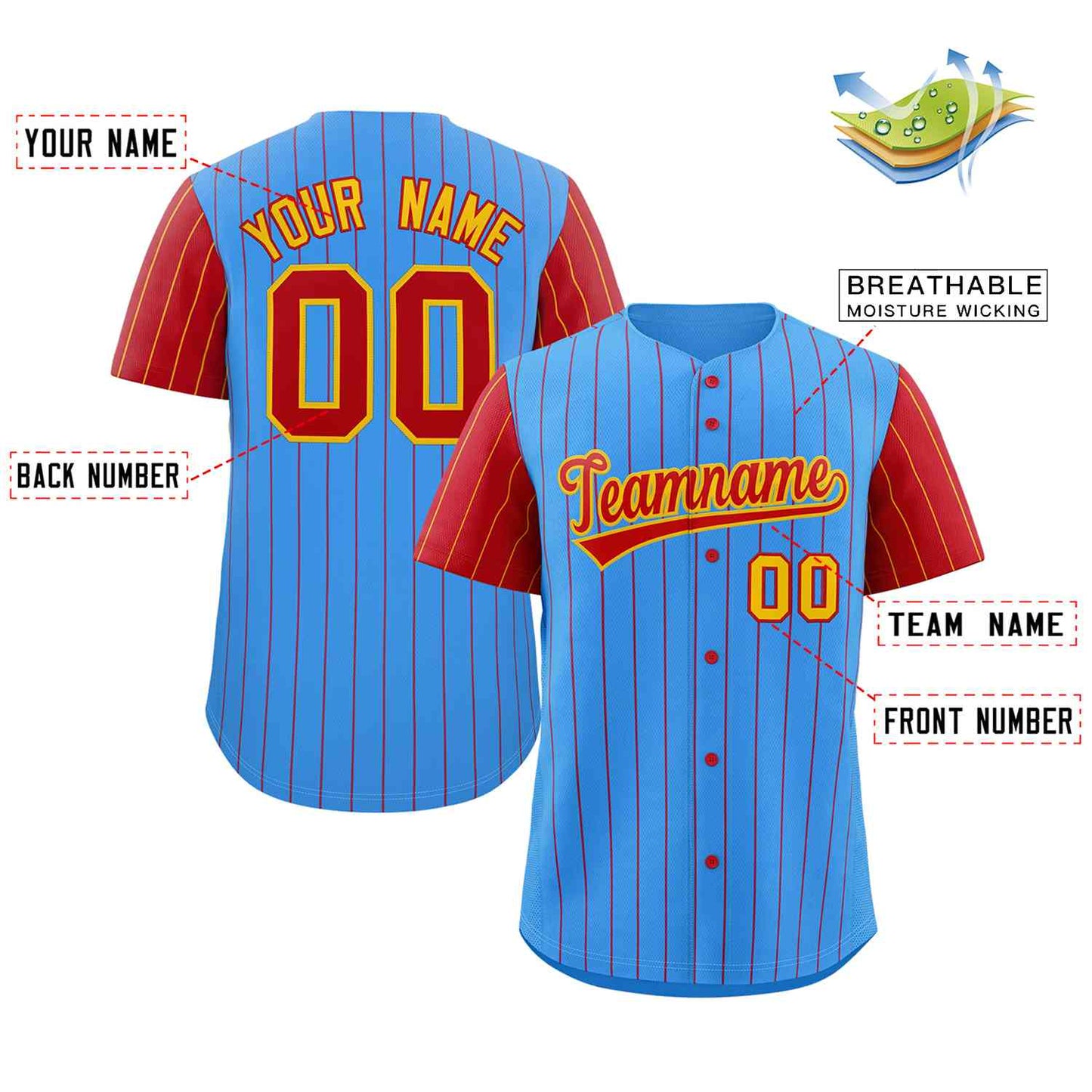 Custom Powder Blue Yellow-Red Stripe Fashion Raglan Sleeves Authentic Baseball Jersey Limited