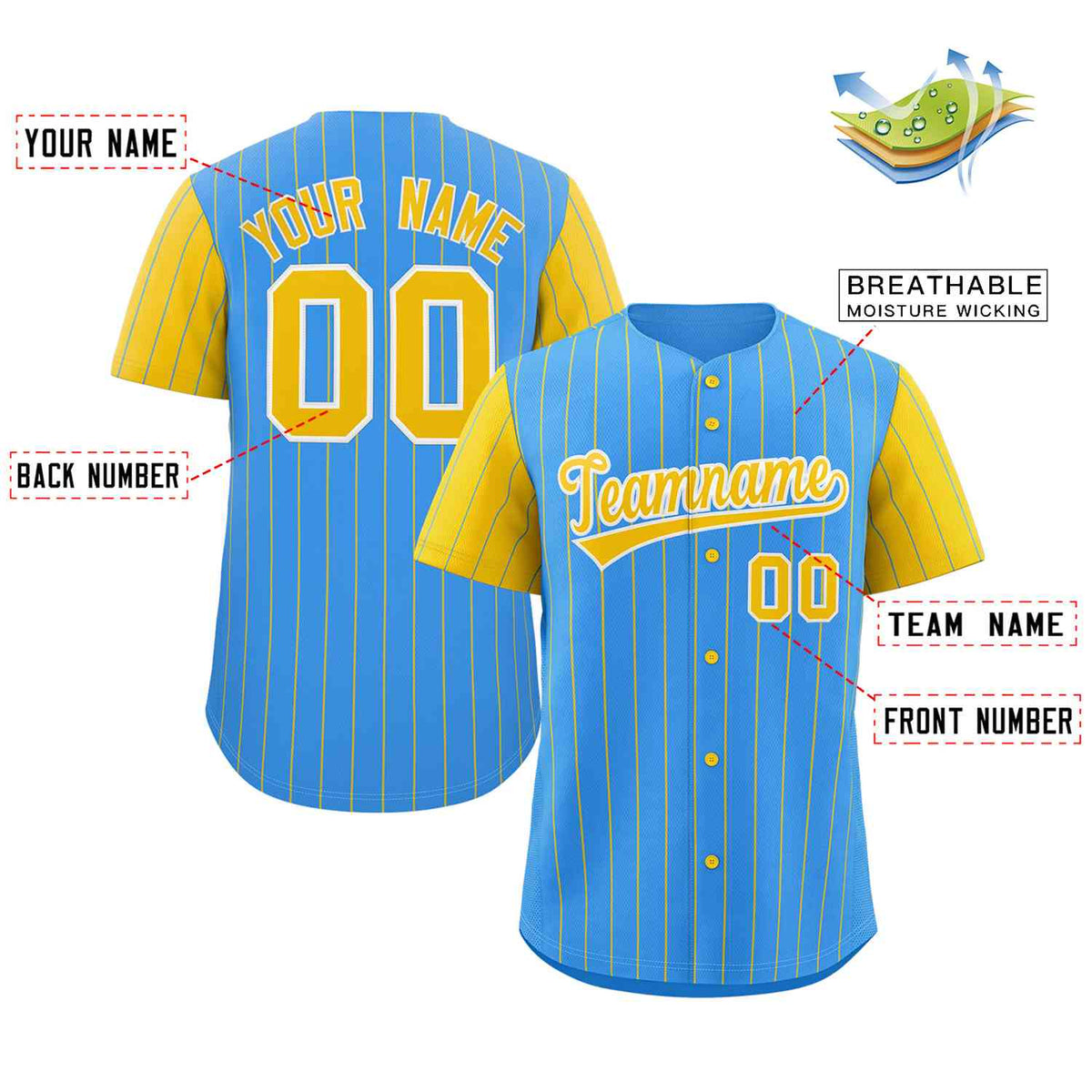 Custom Powder Blue Gold-White Stripe Fashion Raglan Sleeves Authentic Baseball Jersey Limited