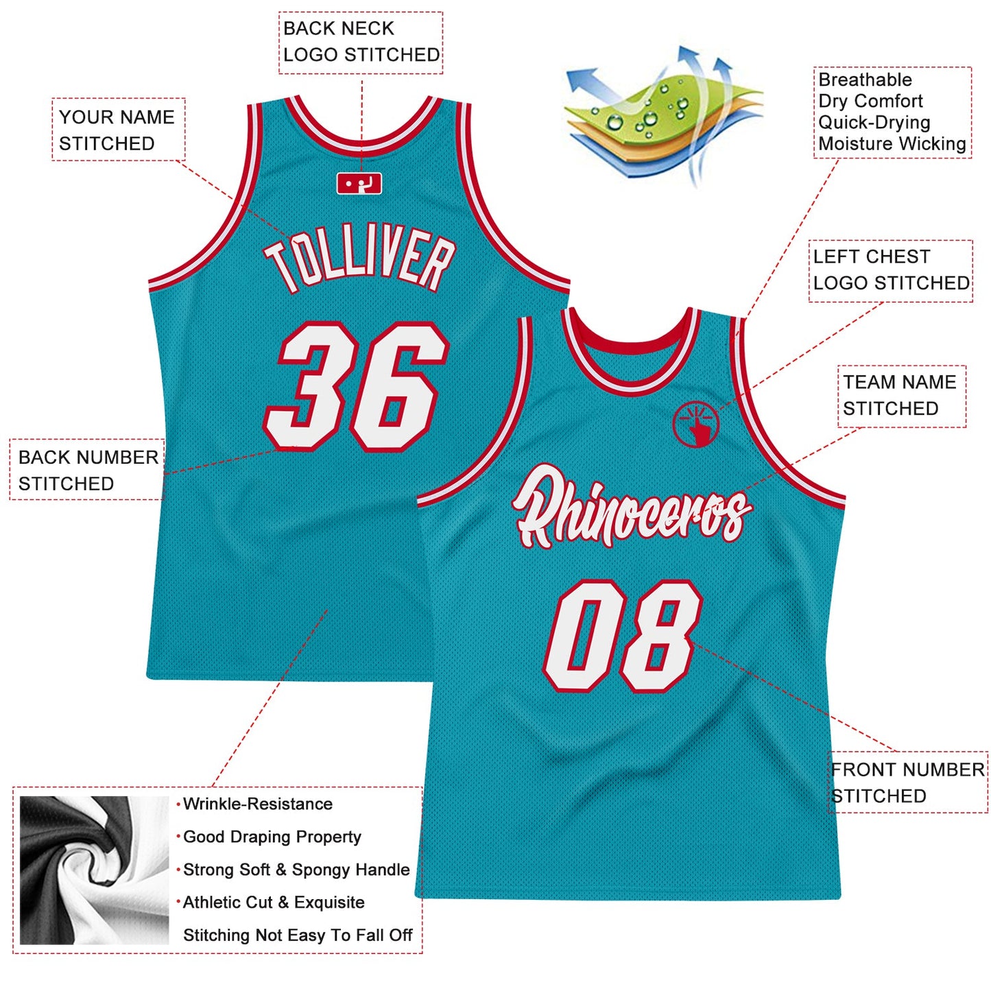 Custom Teal White-Red Authentic Throwback Basketball Jersey Limited