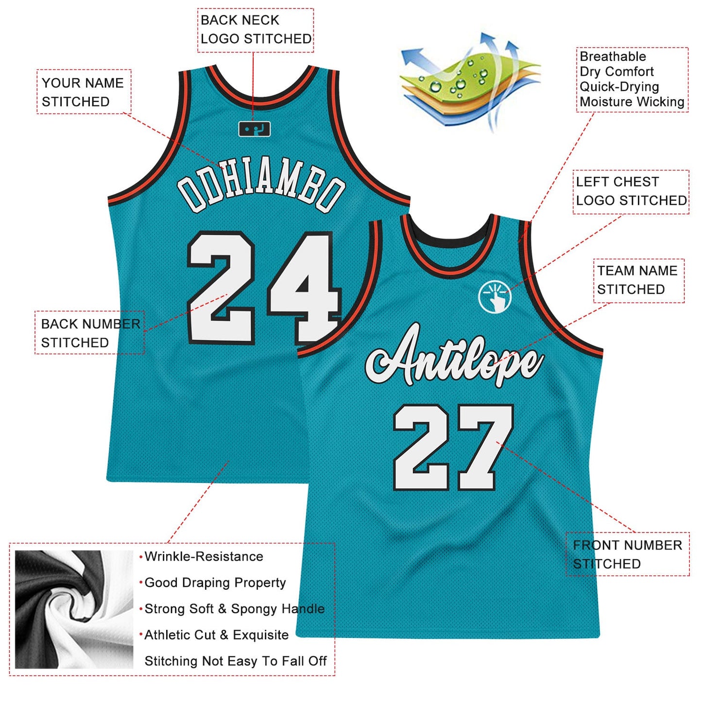 Custom Teal White-Orange Authentic Throwback Basketball Jersey Limited