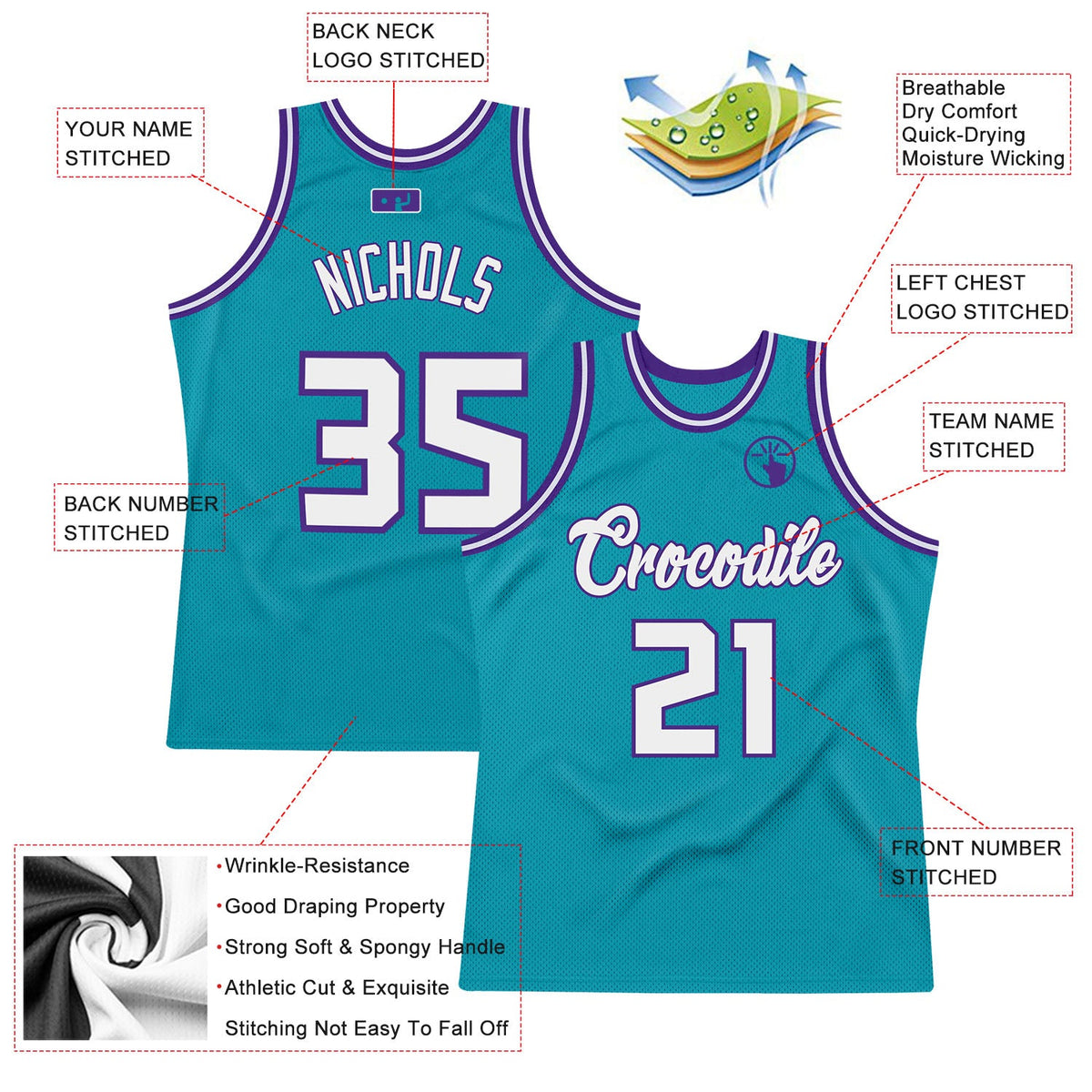 Custom Teal White-Purple Authentic Throwback Basketball Jersey Limited