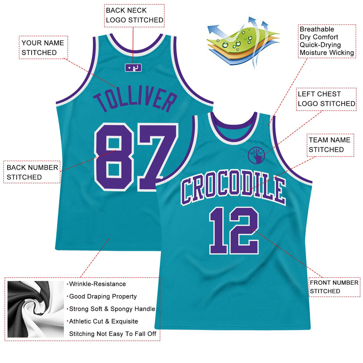 Custom Teal Purple-White Authentic Throwback Basketball Jersey Limited