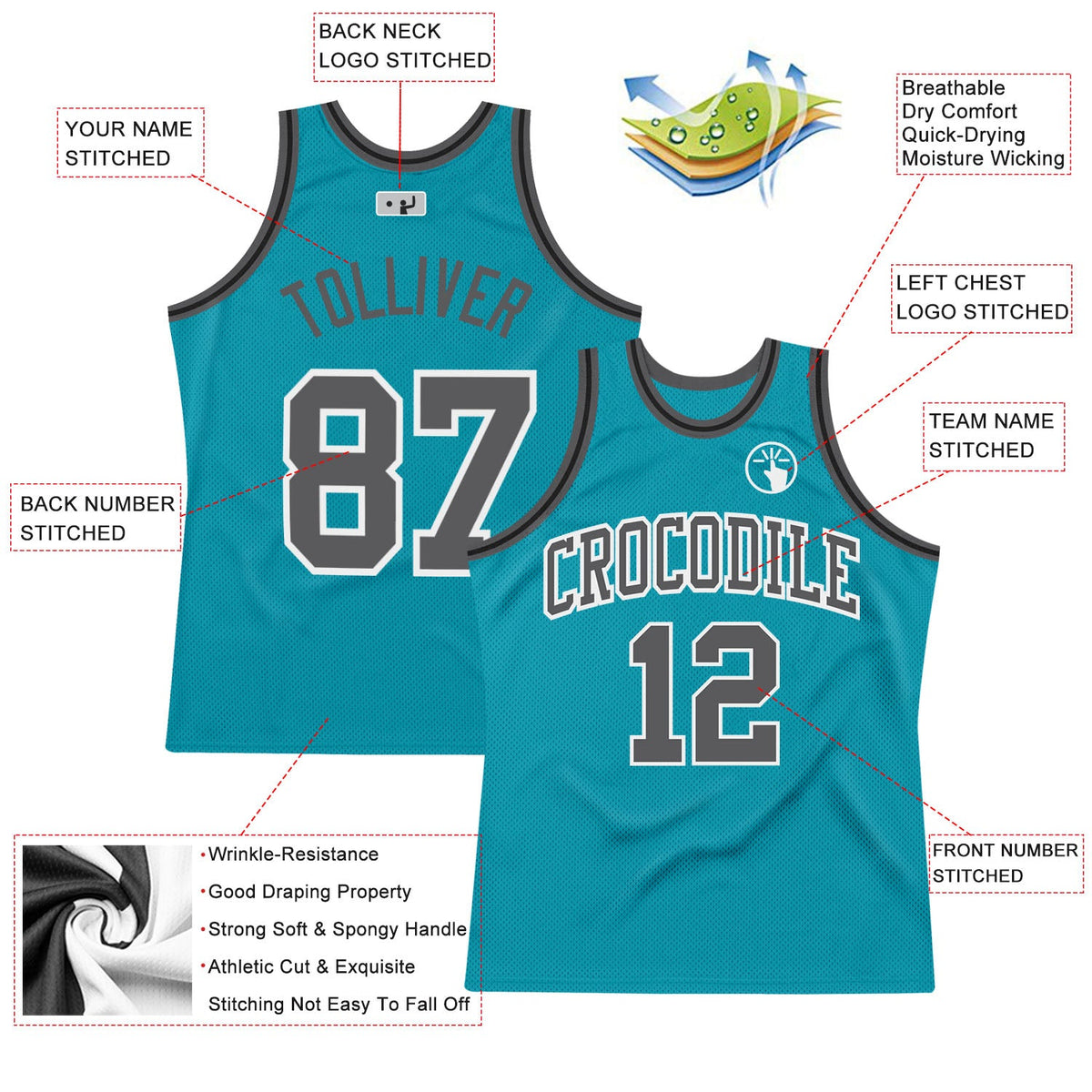 Custom Teal Steel Gray-Black Authentic Throwback Basketball Jersey Limited