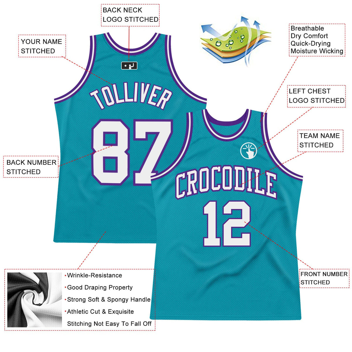 Custom Teal White-Purple Authentic Throwback Basketball Jersey Limited