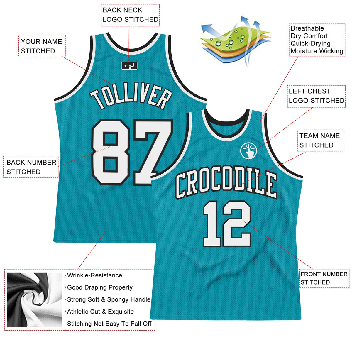 Custom Teal White-Black Authentic Throwback Basketball Jersey Limited