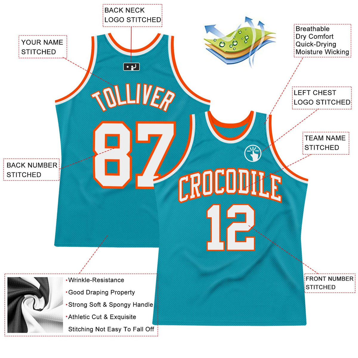 Custom Teal White-Orange Authentic Throwback Basketball Jersey Limited