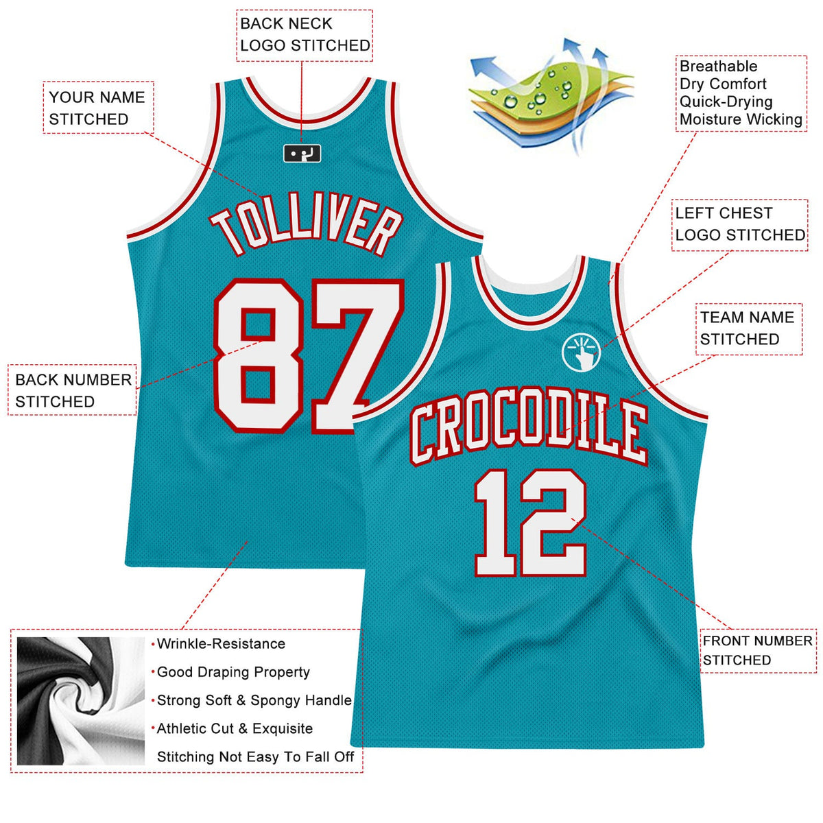 Custom Teal White-Red Authentic Throwback Basketball Jersey Limited