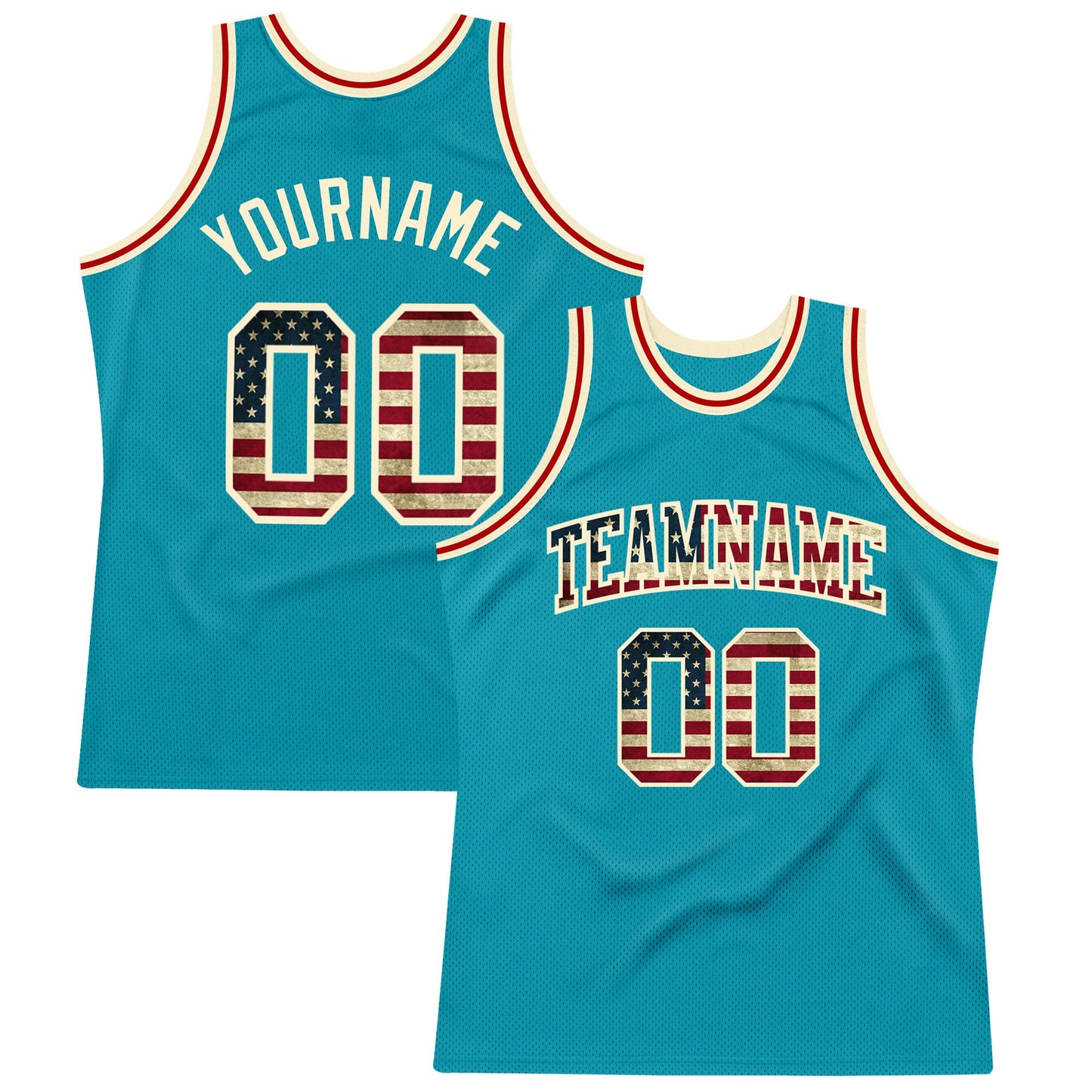 Custom Teal Vintage Usa Flag-Cream Authentic Throwback Basketball Jersey
