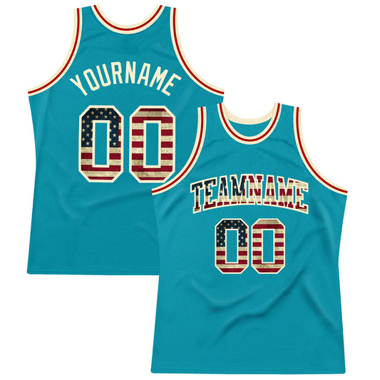 Custom Teal Vintage Usa Flag-Cream Authentic Throwback Basketball Jersey