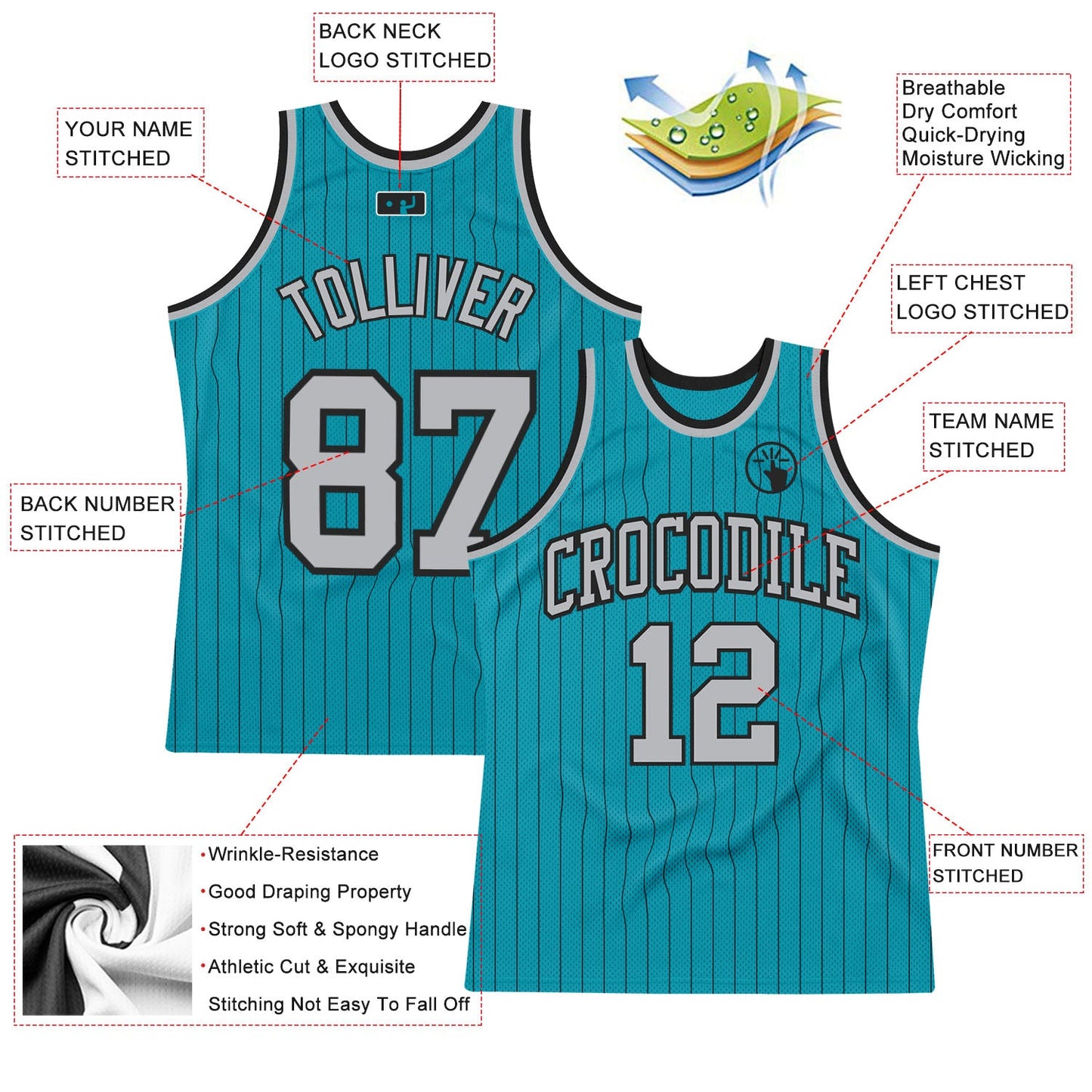 Custom Teal Black Pinstripe Gray Authentic Basketball Jersey Limited